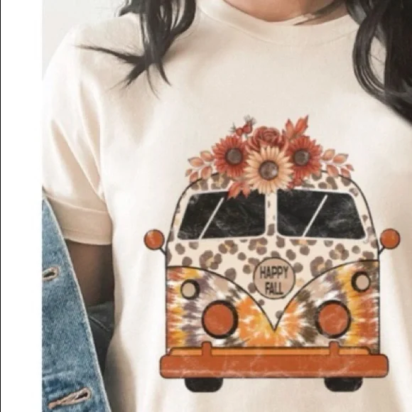 Fall Leopard floral VW Bus short sleeve T-shirt hippie boho brown beige NWT - Picture 6 of 10